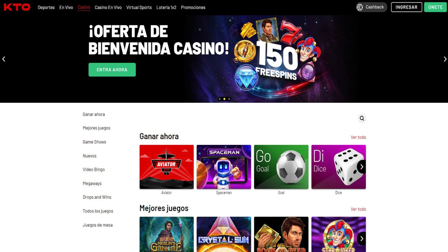Captura de pantalla del casino KTO