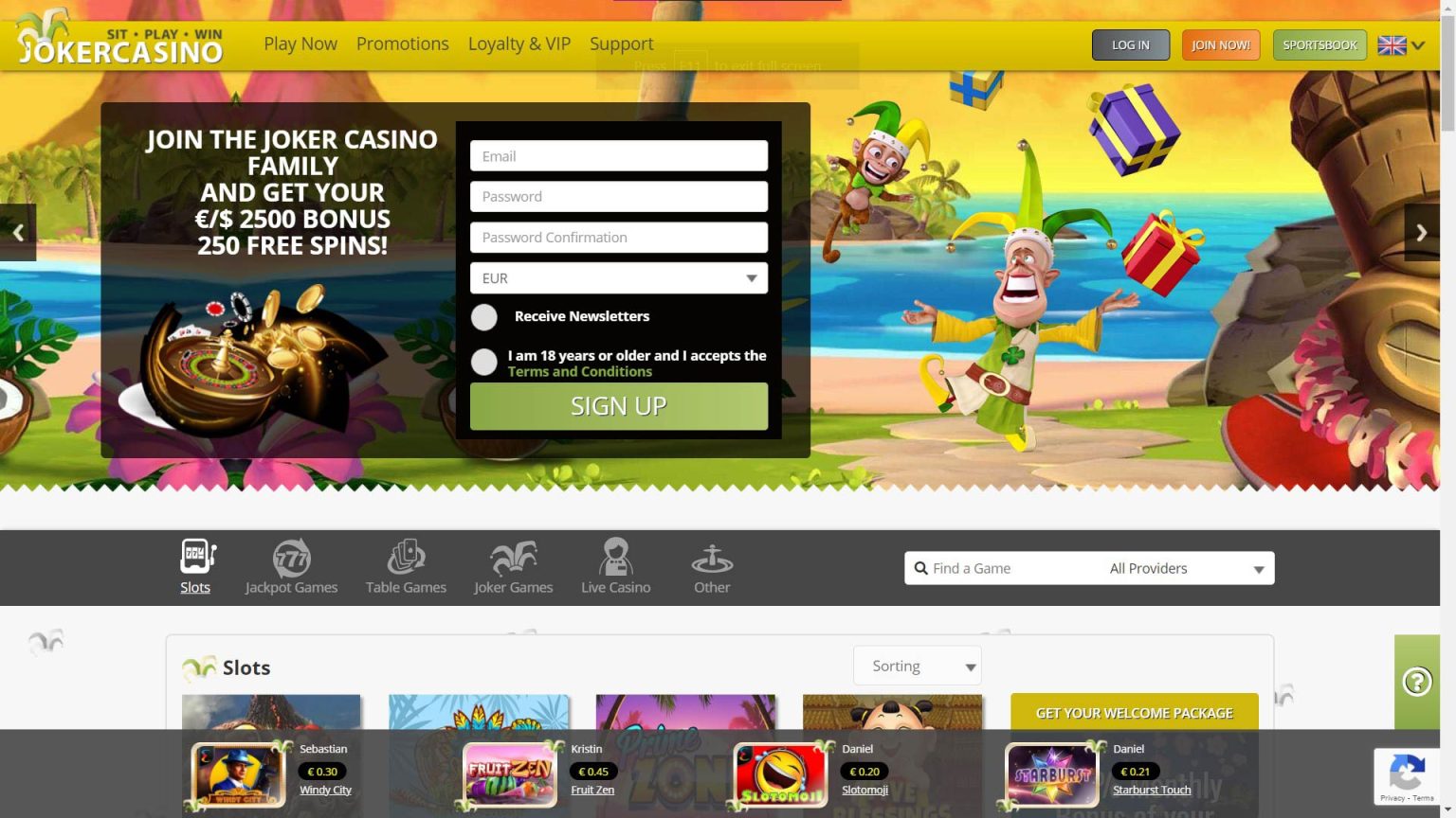 Captura de pantalla del casino Joker
