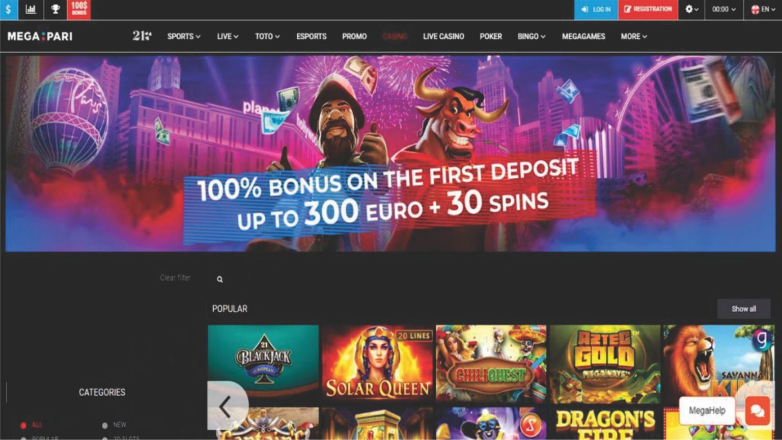 Captura de pantalla del casino Megapari