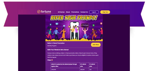 Refer your friends bonus screenshot from Fortune Coins