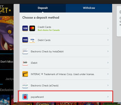 Deposit window at Lucky Nugget Casino with Paysafecard Highlighted