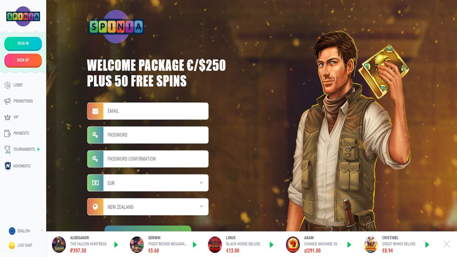 Spinia Casino Screenshot