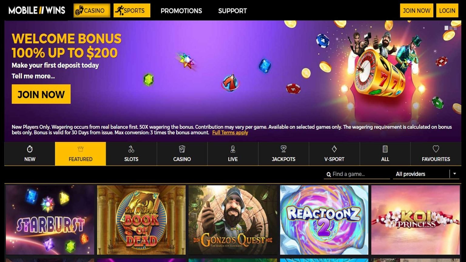 Mobile Wins Casino Screenshot