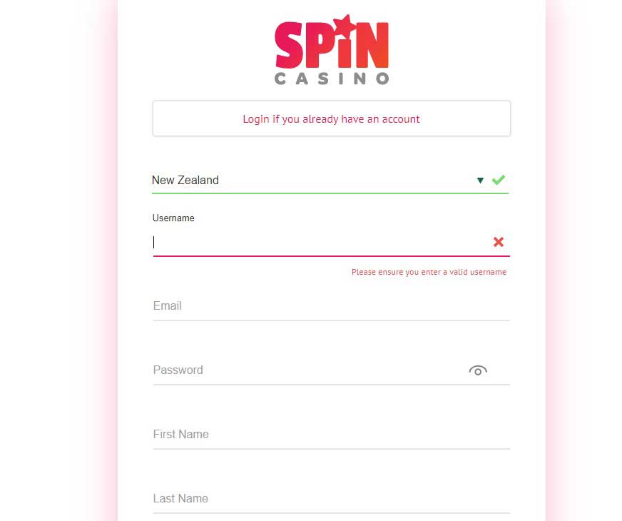 Spin Casino Registration screenshot