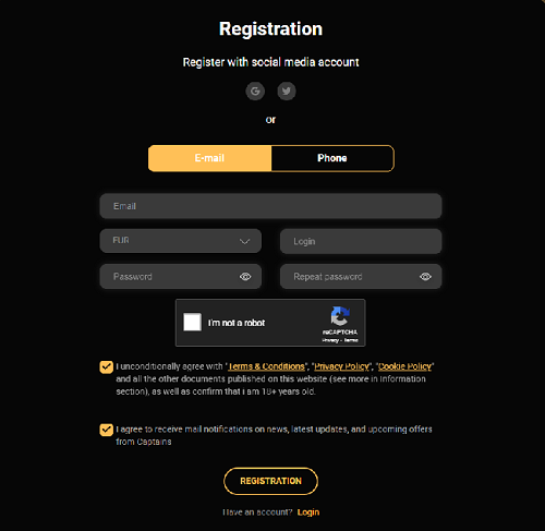 CaptainsBet sign up form