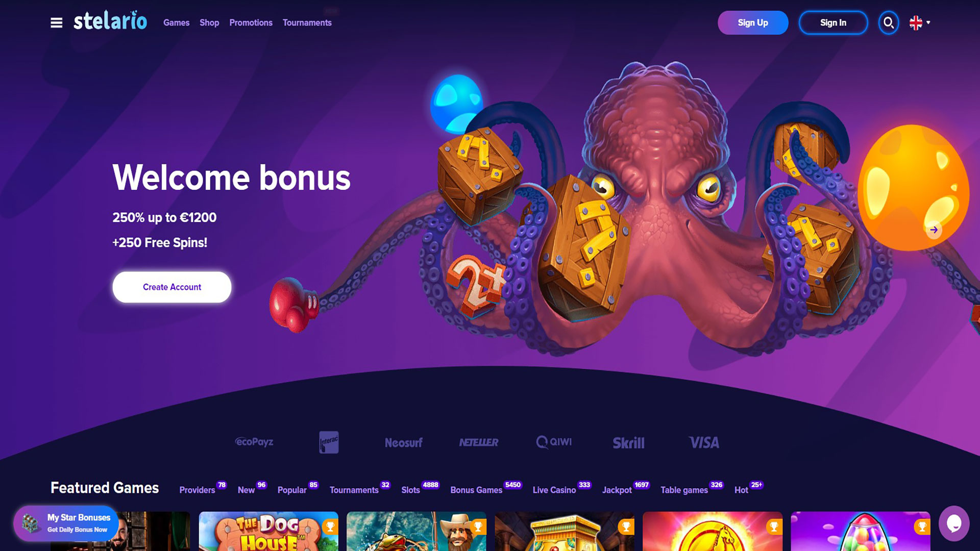 Stelario Review - 250% Bonus up to $/€1200 + 250 free spins