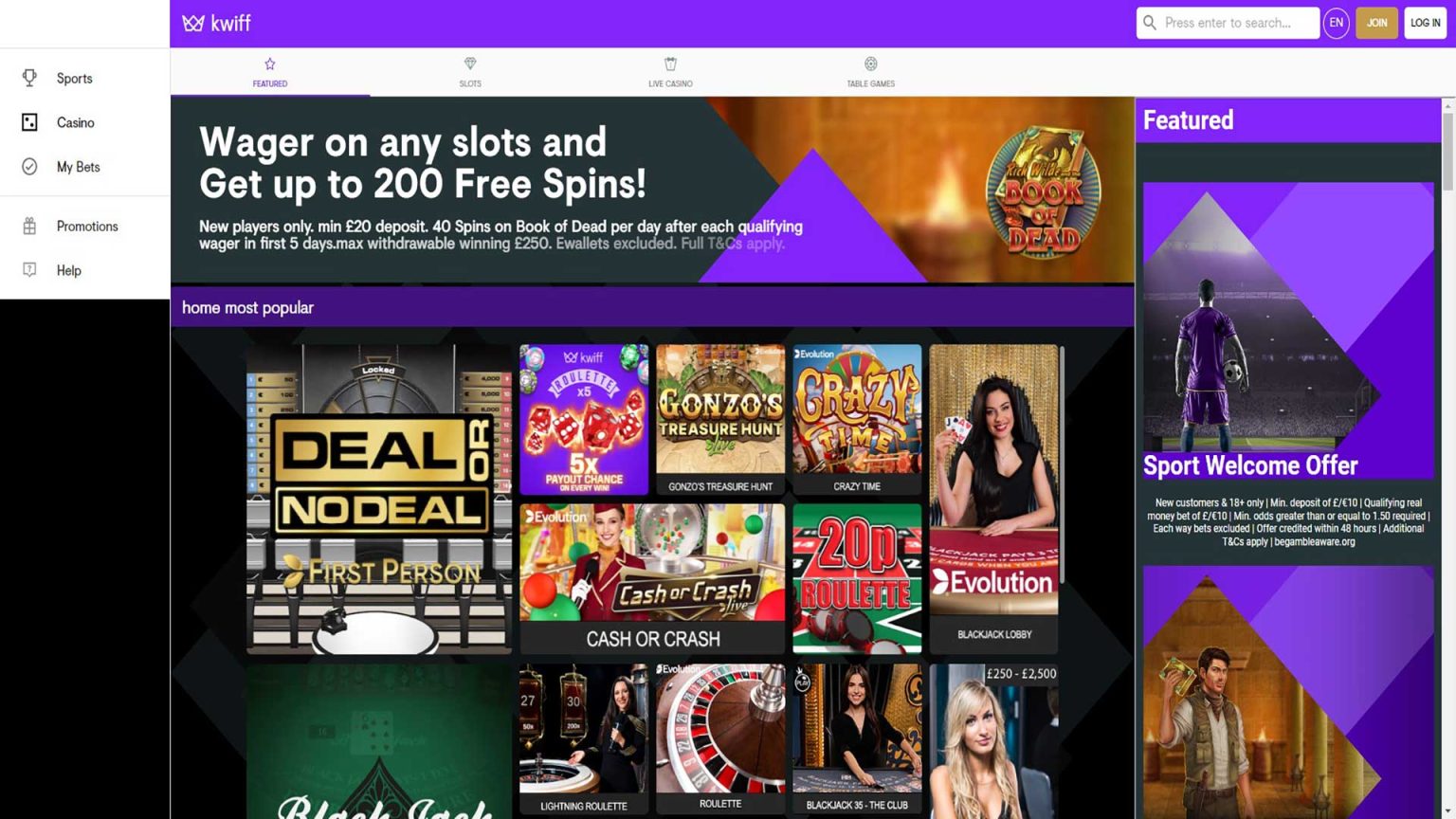 Kwiff Casino Screenshot