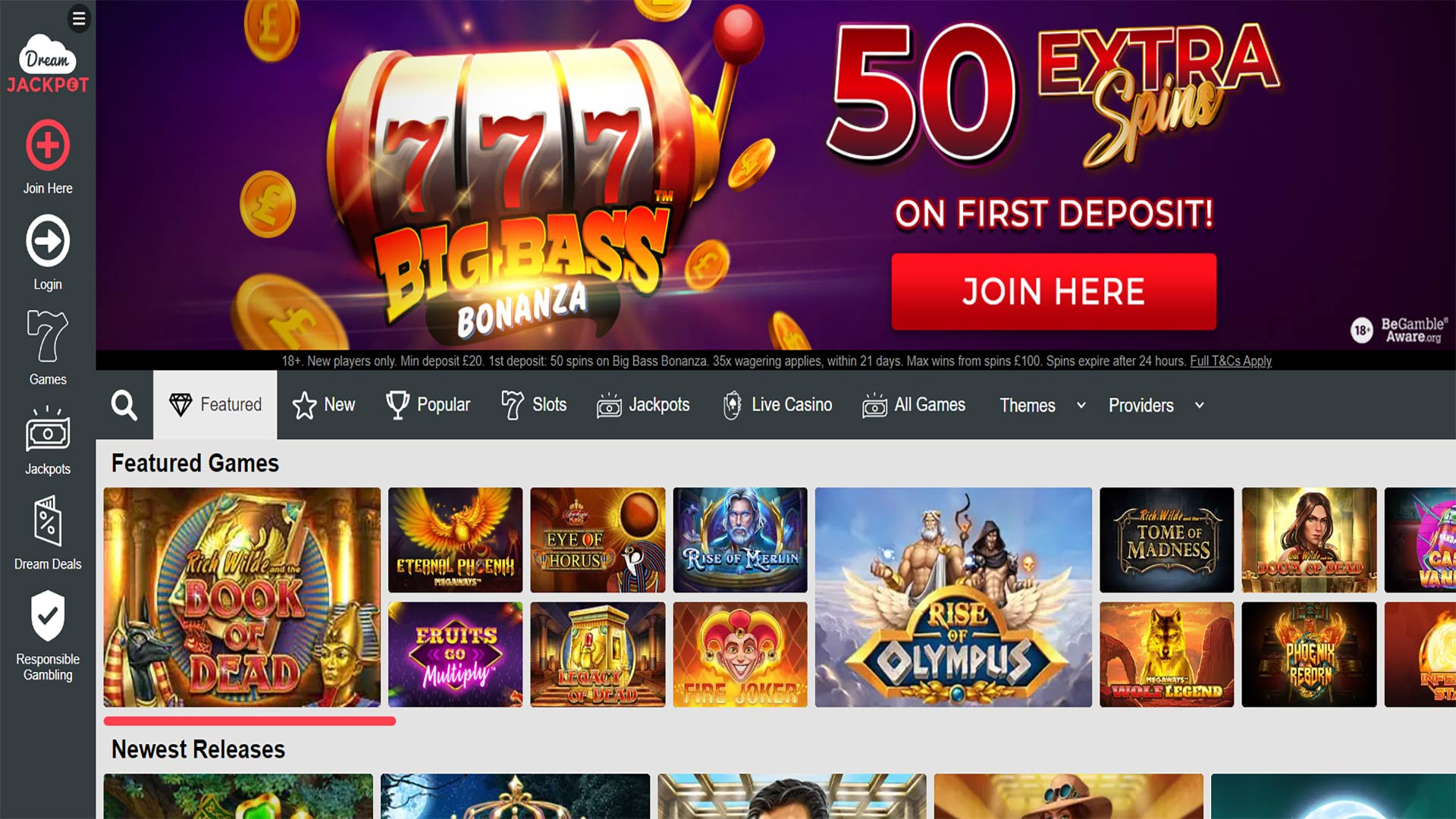 Dream Jackpot Casino Review 2024 – 50 Extra spins on Big Bass Bonanza