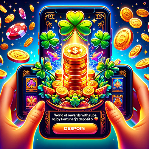 Engaging thumbnail for 'World of Rewards with Ruby Fortune $1 Deposit', showcasing a vibrant mix of luck and wealth symbols. The image features four-leaf clovers and shimmering gold coins, set against a backdrop of casino elements, vividly representing the journey from a modest $1 deposit to potential great riches. Ideal for capturing the essence of casino gaming excitement, this thumbnail is designed to be visually appealing and attention-grabbing, especially on mobile devices.