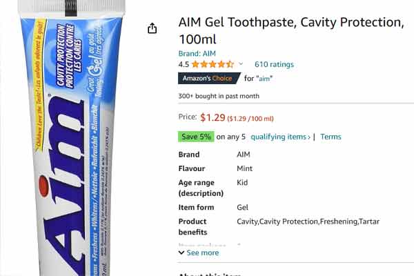 Aim toothpaste on Amazon
